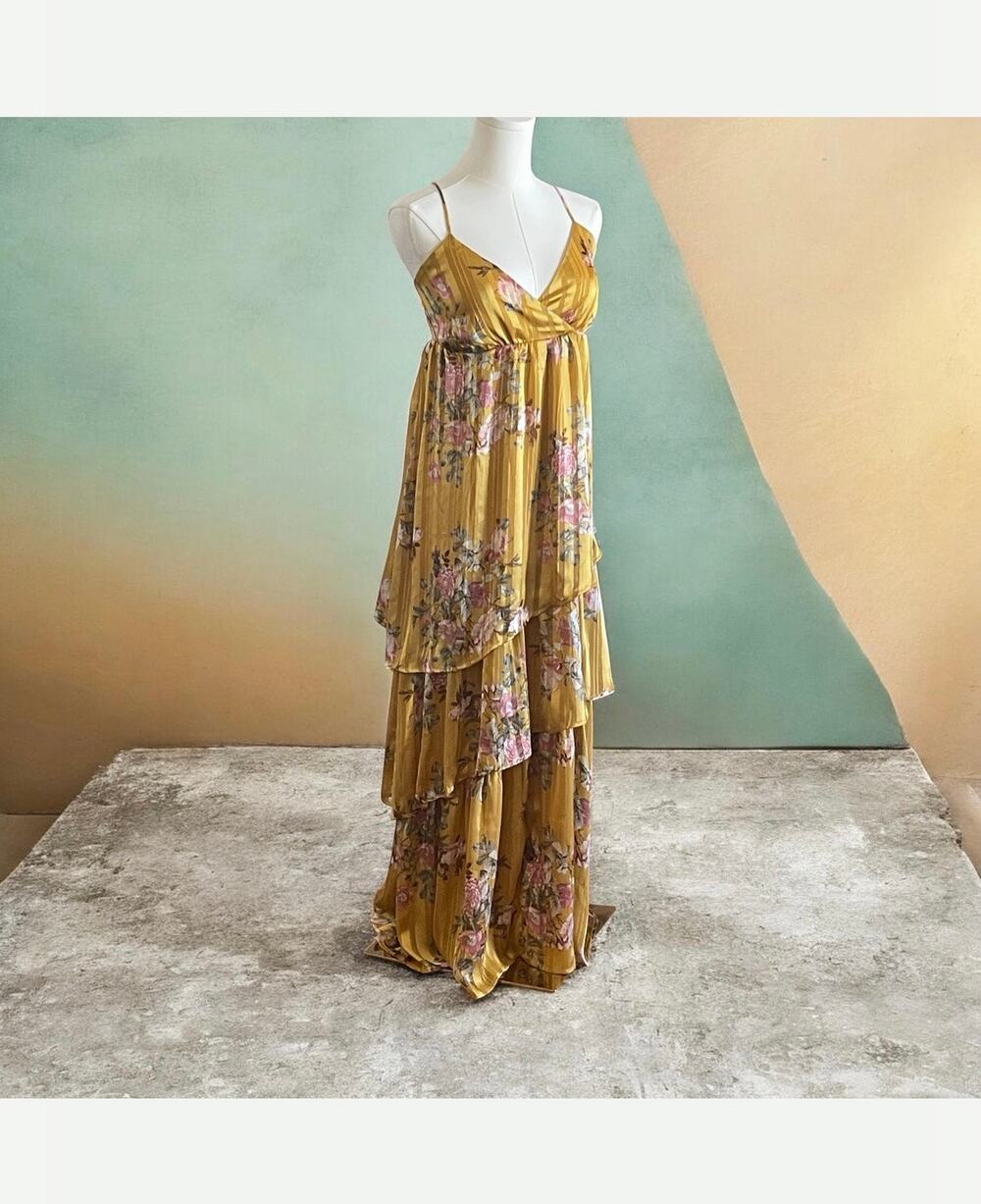 Forever 21 Maxi Golden Floral Open Back Dress Small